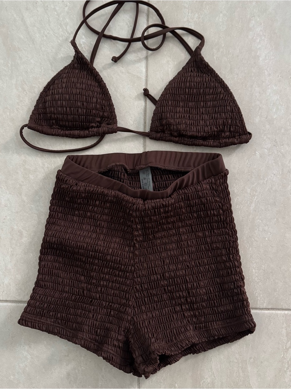 Chocolate Brown Smocked Bikini Top & Shorts Set